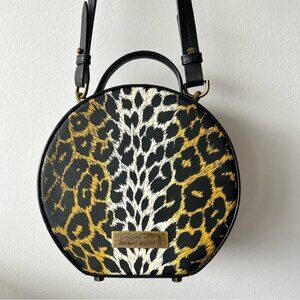 London Fog x Jeremy Scott Leather Leopard Print Round Crossbody Bag